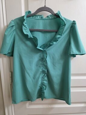 Women's Ruffle-Front Teal Blouse